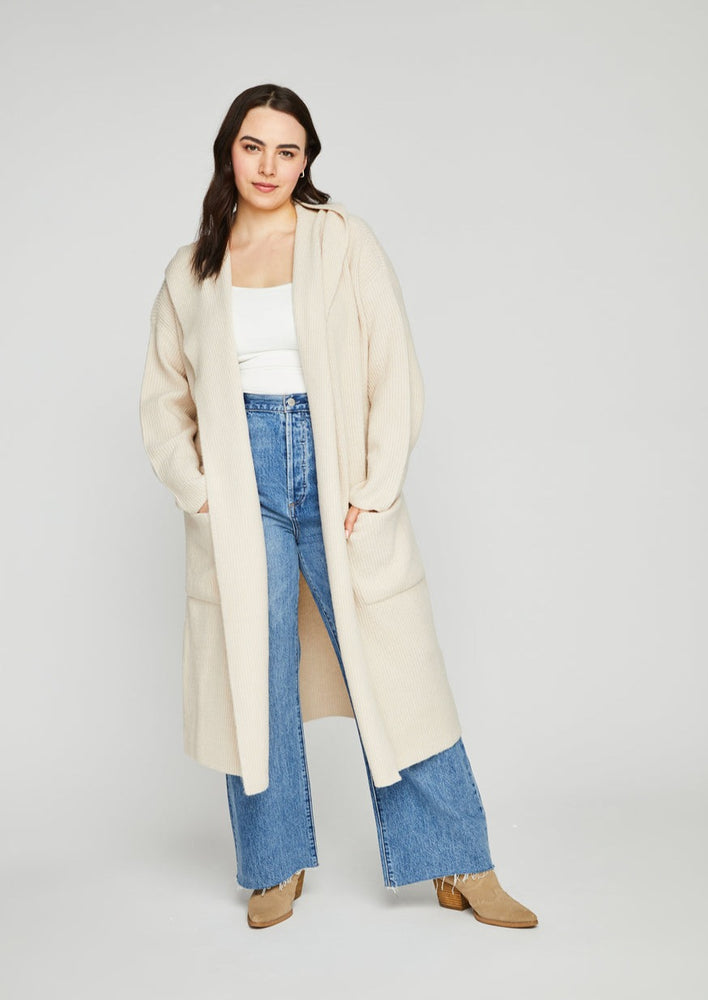 
            
                Load image into Gallery viewer, Gentle Fawn Maeve hooded off white ecru long hooded soft boucle cardigan effortless comfy cozy layering Manitoba Canada
            
        