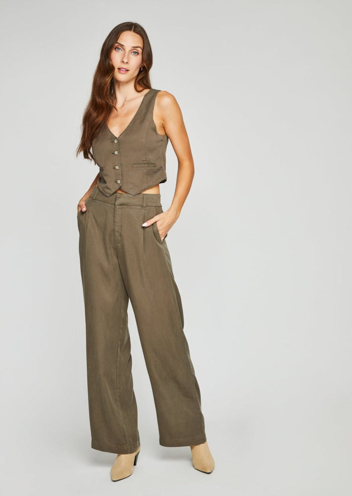 
            
                Load image into Gallery viewer, Gentle Fawn Sabine wide leg washed tencel drapey trouser pant vest suit set laurel khaki green Manitoba Canada
            
        