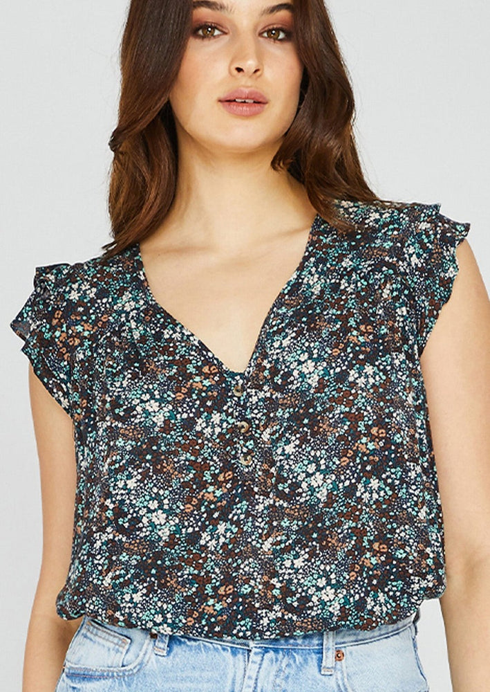 Gentle Fawn Giselle midnight ditsy floral print v-neck ruffle sleeve feminine blouse Manitoba Canada