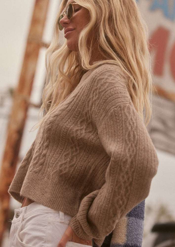 
            
                Load image into Gallery viewer, Gentle Fawn napa sweater collaboration with the Salty Blonde heather taupe cable knit sweater with collar Manitoba Canada
            
        