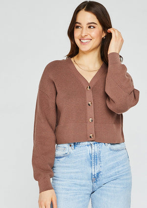 
            
                Load image into Gallery viewer, Gentle fawn orville nutshell brown basic layering cardigan with balloon sleeves Manitoba Canada
            
        