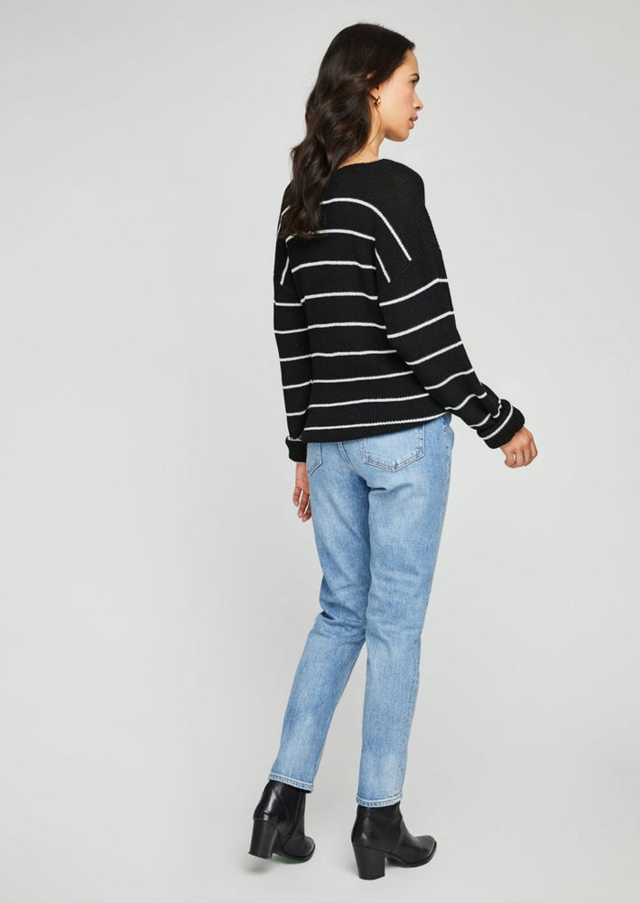 Gentle Fawn effortless everyday v-neck tucker sweater in classic black white stripe Manitoba Canada