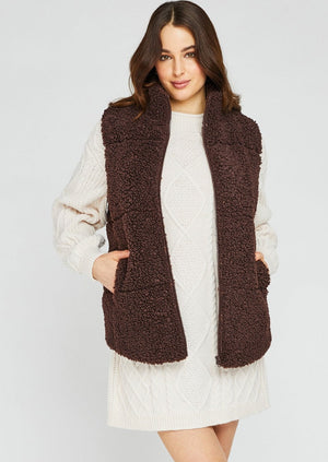 Gentle Fawn Darcy faux shearling zip front java brown sleeveless long vest Manitoba Canada