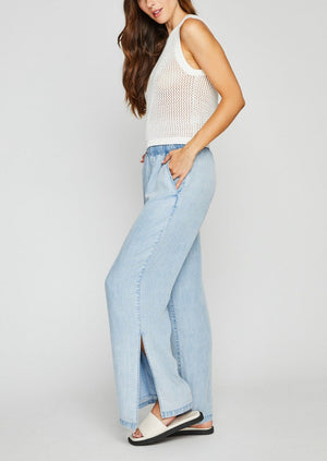 Gentle Fawn Orwell light blue wash tencel drapey pull on pants with side slit Manitoba Canada