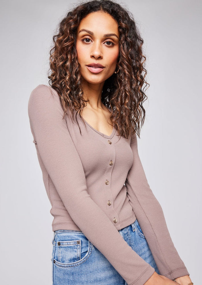 Gentle Fawn Zahara ribbed v-neck basic top with buttons driftwood taupe Manitoba Canada