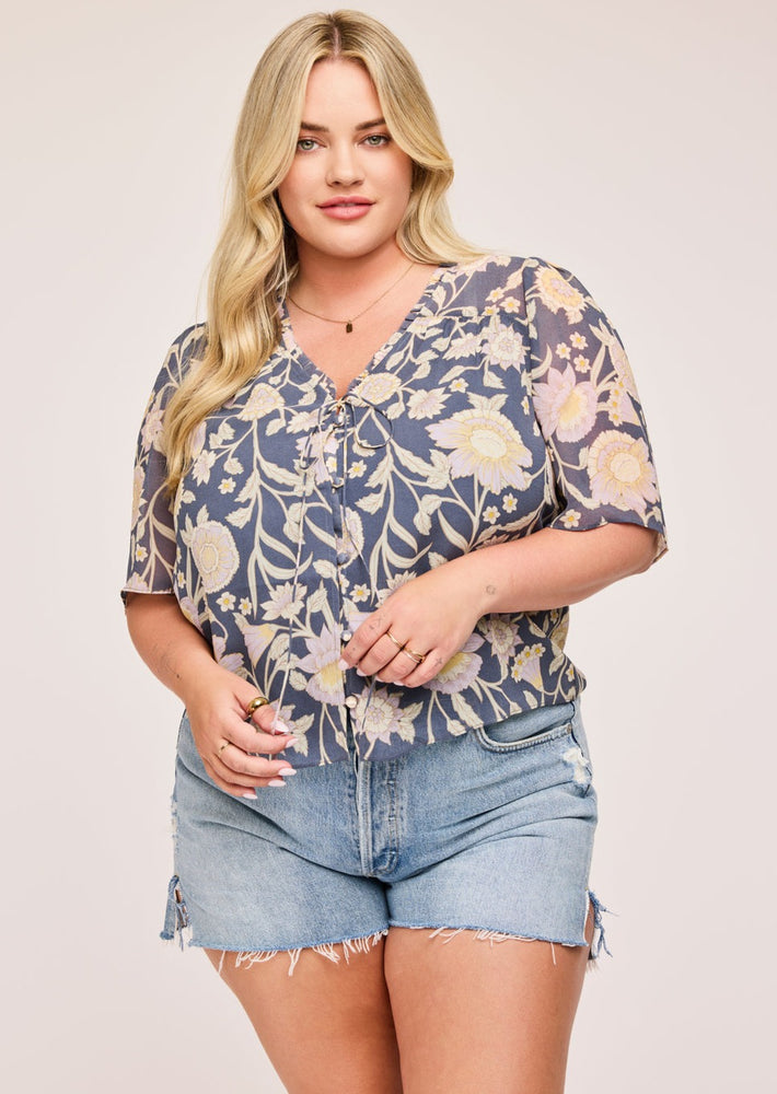 Gentle Fawn designed in Canada Alexandra blue floral ruffle blouse with embroidery feminine v-neckline Manitoba Canada