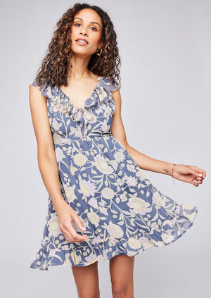 Gentle Fawn designed in Canada feminine blue floral cecilia mini a-line chiffon dress with ruffle hem Manitoba Canada