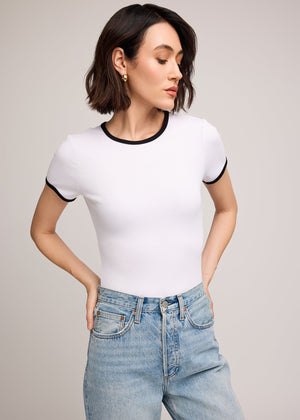 Gentle Fawn Canadian designed Shania white ribbed ringer t-shirt with black contrast neckline and sleeve detail Manitoba Canada