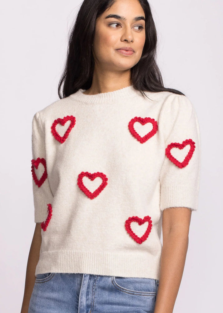 Heart sweater, short sleeve sweater, Applique, soft yarn, knitted, Pink Martini, Winnipeg, Manitoba, Canada