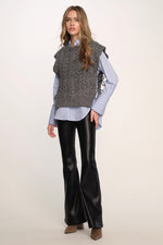 Heartloom Miel marled charcoal tar grey crew neck cable knit vest with relaxed fit and side slits Manitoba Canada