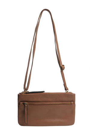 Risa Vancouver tan upcycled genuine leather adjustable everyday crossbody bag with zippers Manitoba Canada