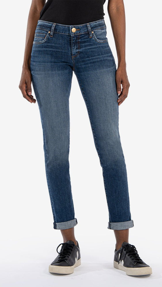 Kut catherine slim boyfriend jean with stretch mid rise cuffed crop full length dashing mid blue indigo wash Manitoba Canada