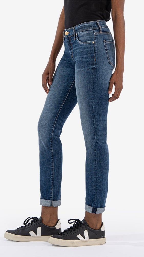 Kut catherine slim boyfriend jean with stretch mid rise cuffed crop full length dashing mid blue indigo wash Manitoba Canada