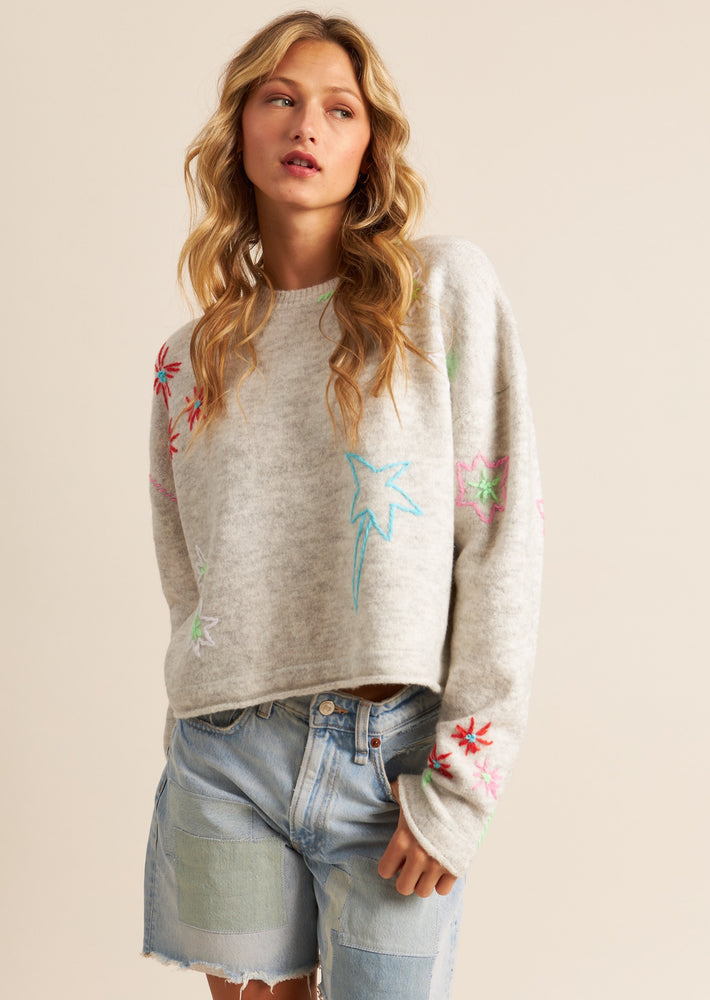 John + Jenn silver tropics Jet sweater whimsical funky floral embroidery crew neck Manitoba Canada