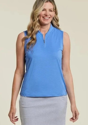 
            
                Load image into Gallery viewer, moisture wicking, dri fit, sporty, golf shirt, sleeveless, ladies, womens, blue, black, mock neck, zipper, summer, sporty, Tribal, active, Manitoba, Canada
            
        