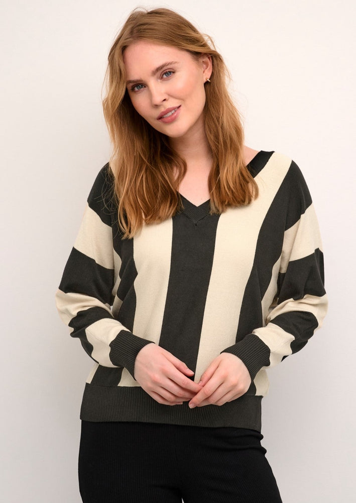 Black and White Long Sleeve Pullover Sweater V-Neck Vertical Stripe Winnipeg Manitoba 