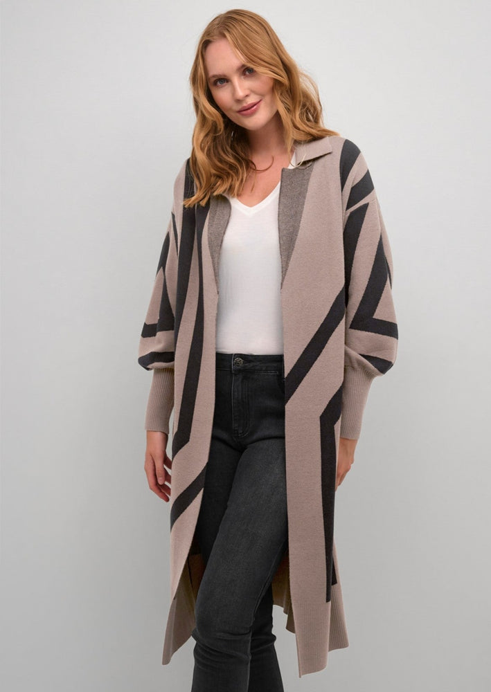 
            
                Load image into Gallery viewer, Geometric Lines Cardigan Brown Black Collared Long Sleeve Duster Winnipeg Manitoba
            
        