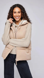 puffer vest. beige, camel, zip up, warm cozy, pockets, gentle fawn, winnipeg, manitoba