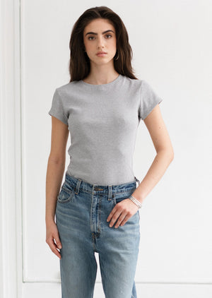 Brunette The Label ribbed fitted classic t-shirt capsule wardrobe crew neck basic light heather grey Manitoba Canada