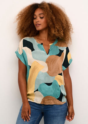 drapey soft abstract blouse v notch collar cap sleeve Winnipeg Manitoba 