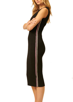 Midi dress, pleated accordion, scoop neck, stripes down side, Winnipeg, Manitoba, Candaian, John & Jenn