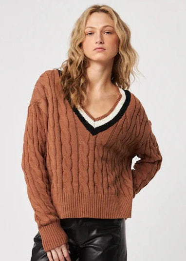 Leon Varsity Chestnut, Sweater, Pullover, V-Neck, Color Blocking, Stripes, Cable Knit, Soft Cozy, John + Jenn, Winnipeg, Manitoba, Canada