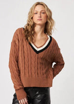 Leon Varsity Chestnut, Sweater, Pullover, V-Neck, Color Blocking, Stripes, Cable Knit, Soft Cozy, John + Jenn, Winnipeg, Manitoba, Canada