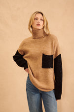 John + Jenn Rhett color block turtle neck sweater with drop shoulder muscavado camel with black contrast slouchy cozy fall sweater Manitoba Canada