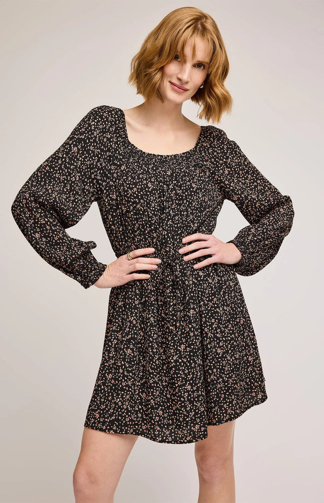 floral mini dress, elastic waist, midi length, long sleeve, cute, flirty dress, Gentle Fawn, Winnipeg, Manitoba, Canada