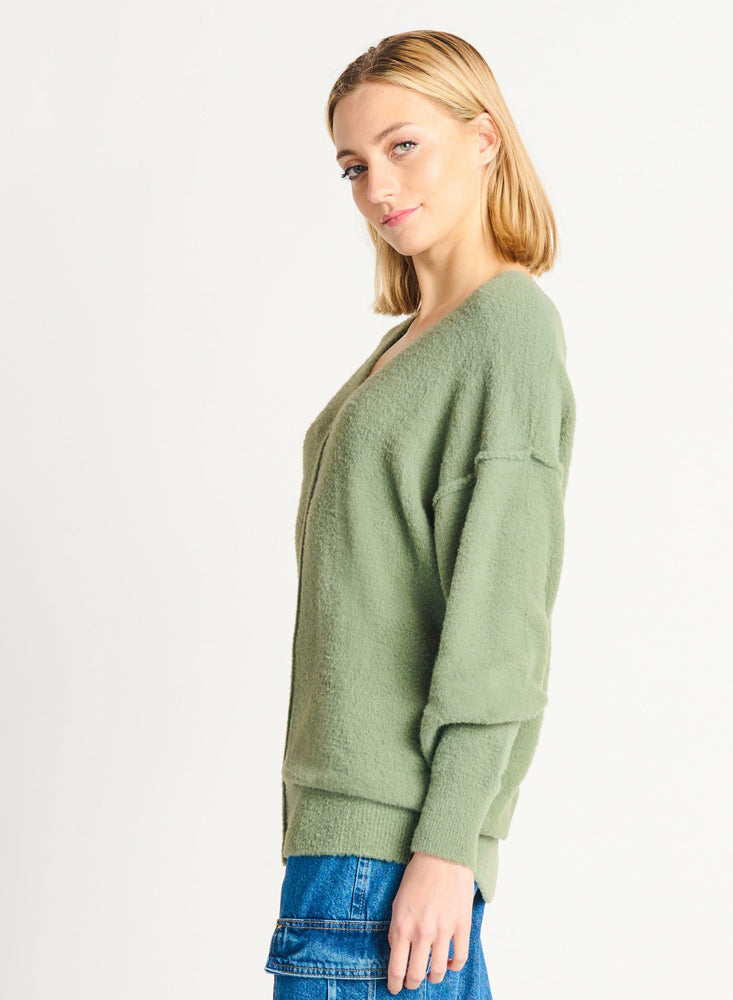 
            
                Load image into Gallery viewer, Dex Clothing soft raw exposed seam v-neck oversized dressy casual officewear sweater sage green Manitoba Canada
            
        