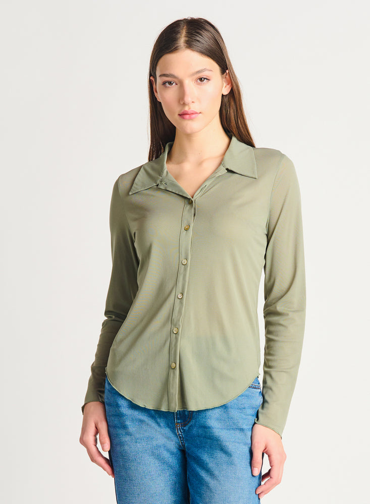 
            
                Load image into Gallery viewer, Dex Clothing preppy sage green sheer collared button front shirt blouse sku 2224029 Manitoba Canada
            
        