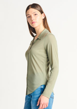 Dex Clothing 2224029 dress up dress down casual officewear sheer sage green collared layering trendy long sleeve button up shirt blouse Manitoba Canada