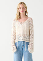 Dex Clothing bohemian crochet bell sleeve sweater with lace up neckline Manitoba Canada