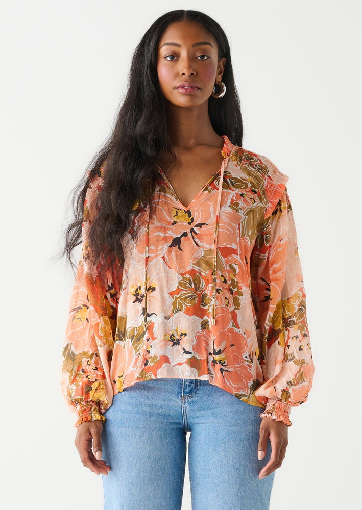 Dex Clothing bold floral long sleeved blouse with ties Manitoba Canada