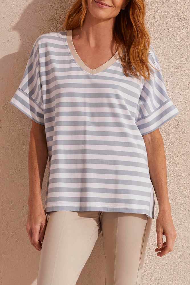 Classic cotton v-neck light blue white striped t-shirt relaxed fit capsule wardrobe colour block Manitoba Canada
