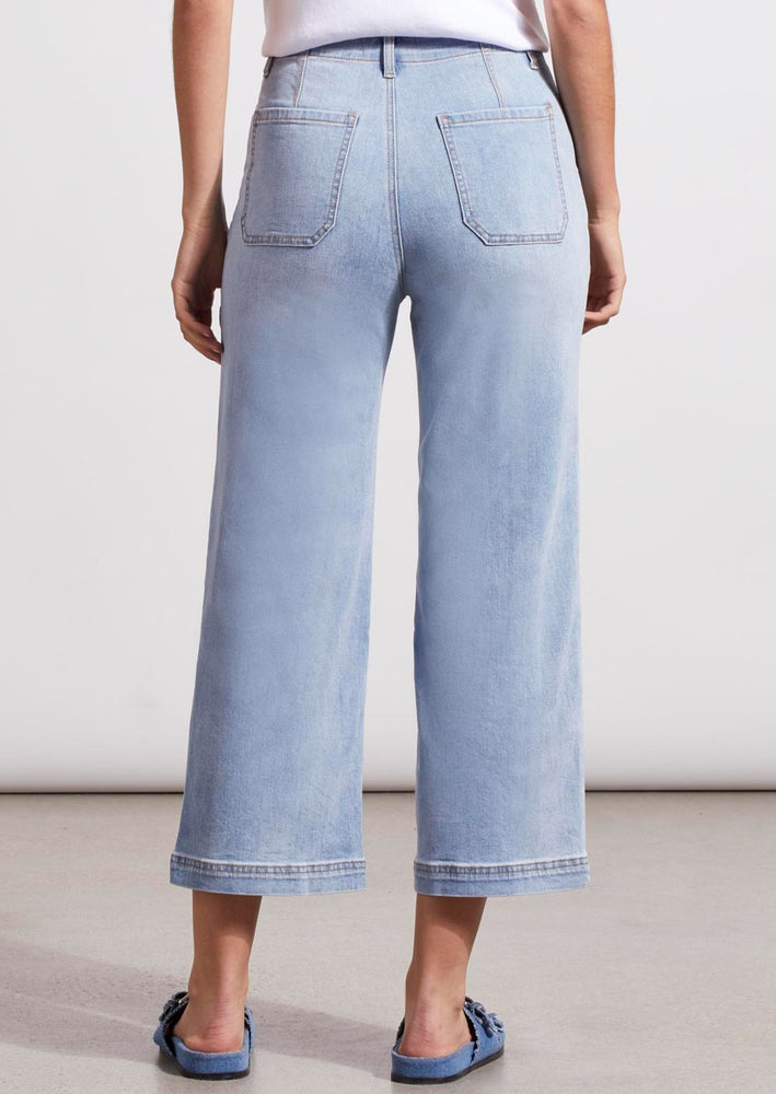 High rise wide leg high stretch button fly cropped length jeans light bleach wash indigo Manitoba Canada