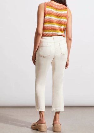 Off white ecru stretch cotton jeans with cropped flared unfinished hem Manitoba Canada