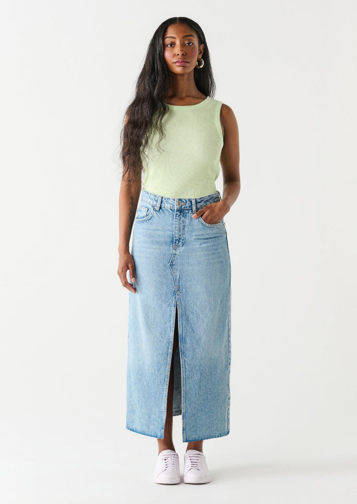 Blue Denim, Maxi Skirt, Zipper Fly, Stretch Jean