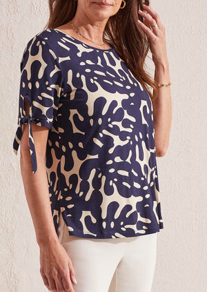 Monstera Leaf Print, Ladies Tee, Navy, Cream, Tie Up, Short Sleeve, Summer, Winnipeg, Manitoba