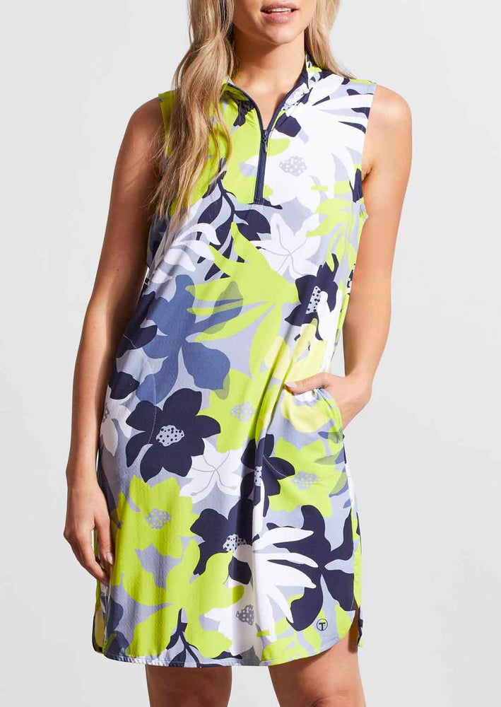 Active, Dress, Sporty, Leafy Tropical Print, Blue, Lime, Half Zip, Mock Neck, Golf Wear, Tennis Dress, Winnipeg, Manitoba