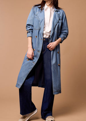 Denim, Trench Coat, Soft, Stretch, Denim, Jean Jacket, Long Trench, Removable Belt, Buttons, Collar, Winnipeg, Manitoba, Tribal Canada