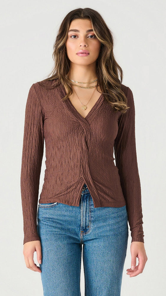 textured stretch top, long sleeve, brown, twist front, Winnipeg, Canada