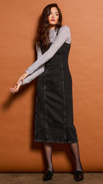 Black Denim, Midi Dress, Stretch Denim, Zipper Back, Panelled Dress, Winnipeg, Manitoba