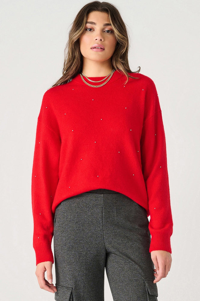 Red Sweater, embellishment, silver, beads, beadwork, crew neck, dressy sweater, workwear, holiday, Winnipeg, Manitoba, Cuffed Sleeves, Dex Clothing.