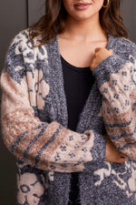 Long Open Front Cardigan, Floral, Knitted, Cuffed Sleeve