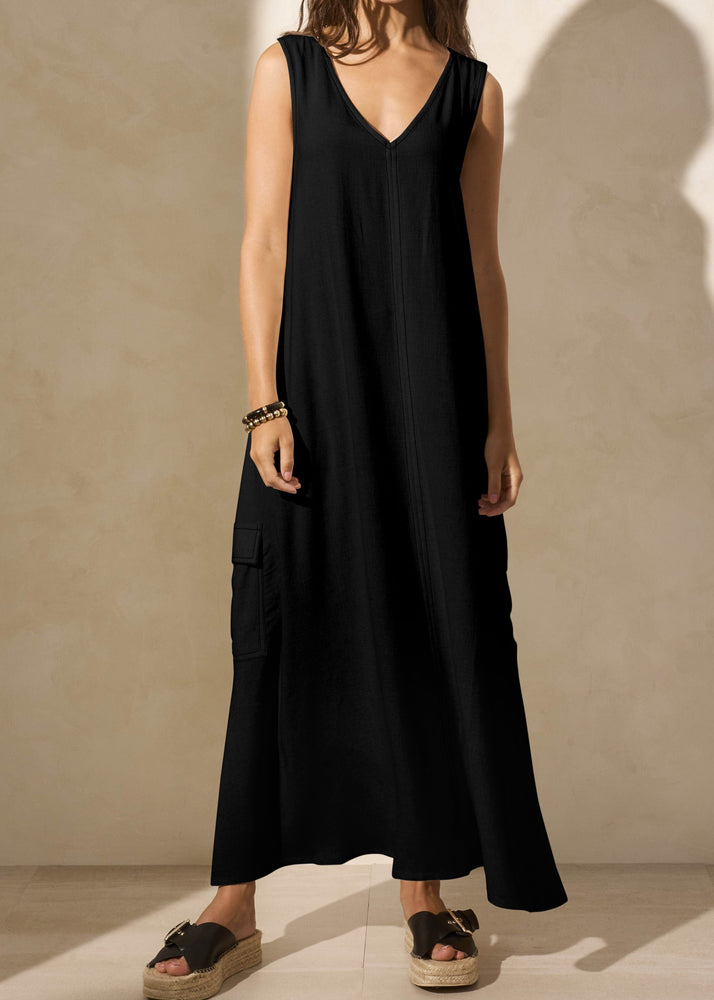 Shift Dress, Maxi Dress, Sleeveless Dress, V-Neck, Flowy, 90's Fashion, Linen Blend, Black, Chic, LBD, Sundress, Winnipeg, Manitoba, Tribal Canadian Fashion brand