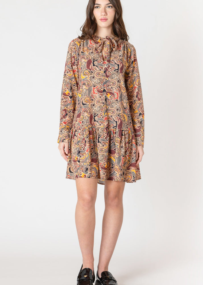 flounce hem, dropped waist, paisley print, neck tie, long sleeve, Dex Clothing, Dress, wedding guest, Photo Shoot, Country Concert, Harvest Party, Work Attire, 2025, Winnipeg, Manitoba, Canada