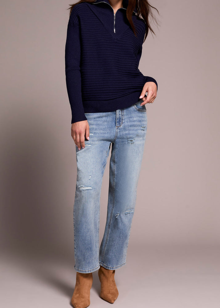 half zip, Navy, sweater, fall, 2025 trends, ribbed, knit, Tribal Clothing, Winnipeg, Manitoba, Canada