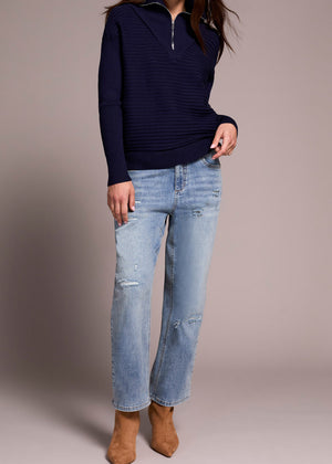 half zip, Navy, sweater, fall, 2025 trends, ribbed, knit, Tribal Clothing, Winnipeg, Manitoba, Canada