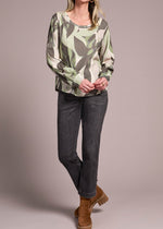 Sweater, blouse, crew neck, leaf print, nuetral colors, earth tones, greens, ivy, Winnipeg, Manitoba, Canada, Tribal Clothing